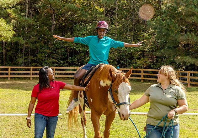 Child riding a pony on a sunny day